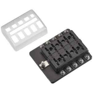 Automobilinis peilinis saugiklių laikiklis su LED indikatoriumi, skirtas 10 saugiklių, 30A/32V DC (srieginiai gnybtai)