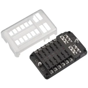 Automobilinis peilinis saugiklių laikiklis su LED indikatoriumi ir neigiamu gnybtu, skirtas 12 saugiklių, 30A/32V DC (srieginiai gnybtai)