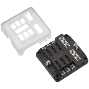Automobilinis peilinis saugiklių laikiklis su LED indikatoriumi ir neigiamu gnybtu, skirtas 6 saugikliams, 30A/32V DC (srieginiai gnybtai)